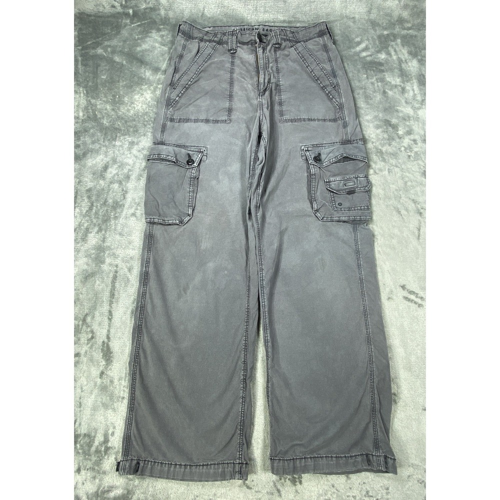 American Eagle Pants Womens 12 Gray Smoke Cargo Baggy Jogger High Rise Stretch‎